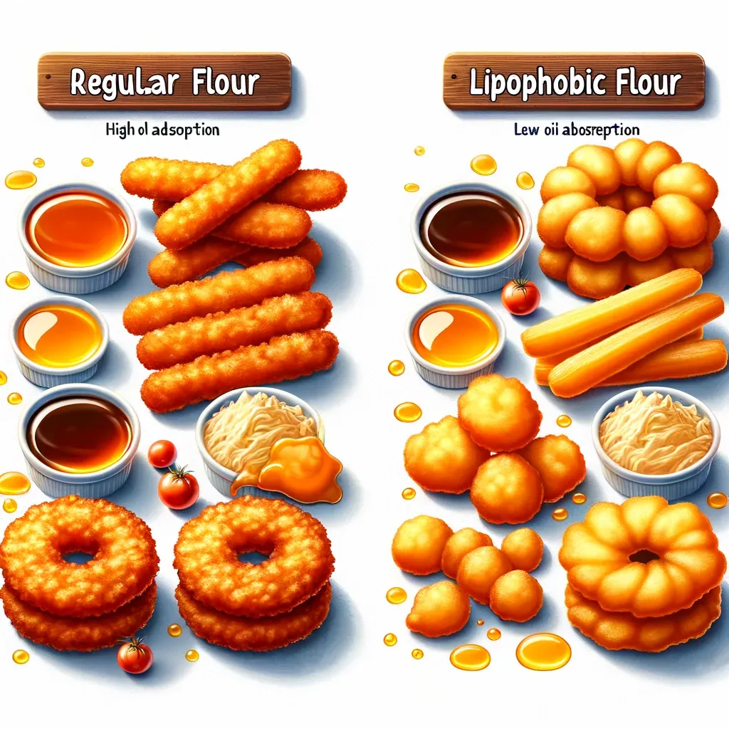 Ilustração que compara empanados feitos com farinha comum e com farinha lipofóbica, que absorve menos óleo