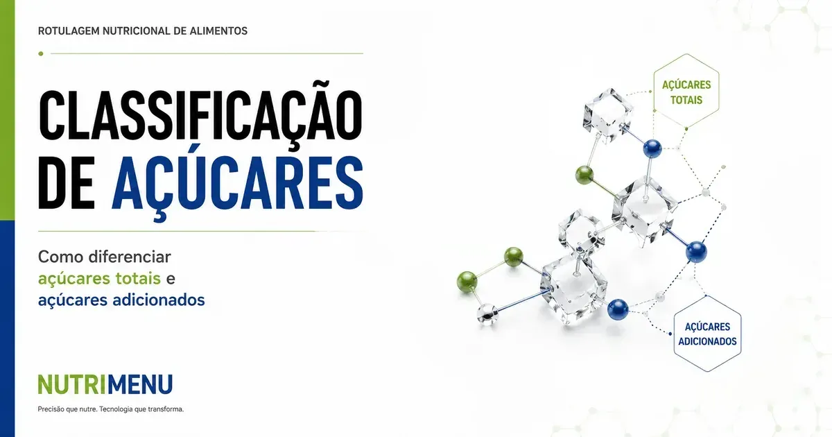 Capa com o título Classificação de açúcares e o subtítulo Como diferenciar açúcares totais e açúcares adicionados, abaixo da linha Rotulagem nutricional de alimentos; à direita, uma molécula de cubos de açúcar transparentes e esferas verdes e azuis, ligada por linhas pontilhadas a dois hexágonos, Açúcares totais e Açúcares adicionados; embaixo, à esquerda, a marca Nutrimenu com a frase Precisão que nutre. Tecnologia que transforma.