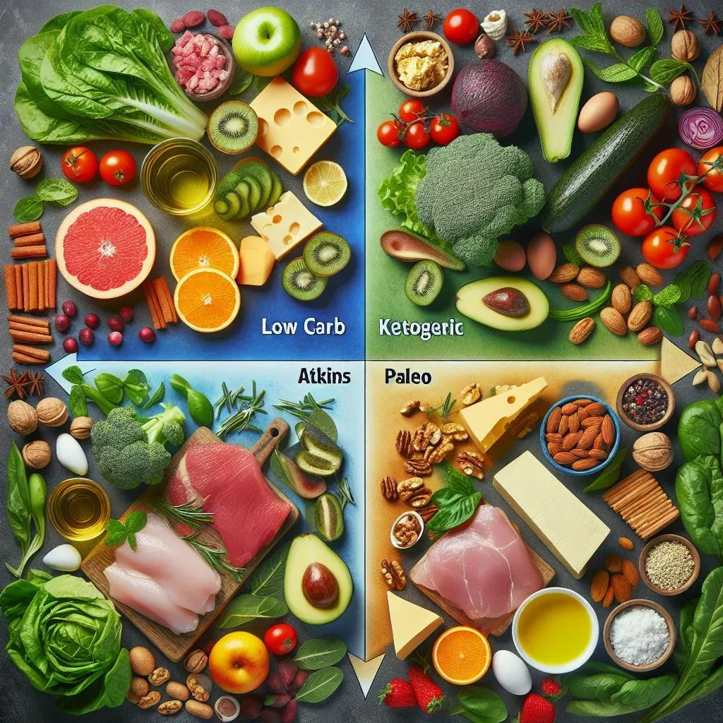Alimentos frescos em quatro quadrantes coloridos, separados por eixos com setas nas pontas, com os nomes Low Carb, Ketogeric, Atkins e Paleo: frutas, folhas e queijo; brócolis, abacate, tomates e amêndoas; carne vermelha e frango crus sobre uma tábua; queijos, nozes, amêndoas e carne crua