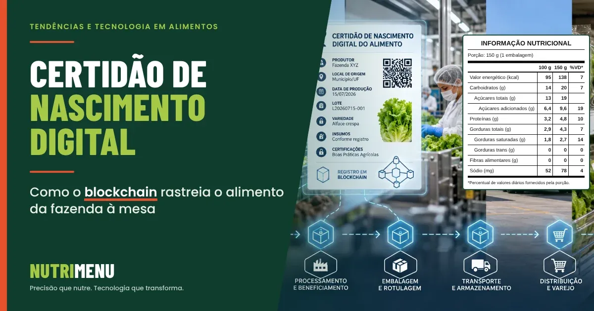 Capa em verde-escuro com a marca Nutrimenu e o título Certidão de nascimento digital: Como o blockchain rastreia o alimento da fazenda à mesa. À direita, a imagem de um cartão digital com produtor, local de origem, data de produção, lote e registro em blockchain de um lote de alface, sobre a cadeia que vai do beneficiamento ao varejo, e uma tabela de informação nutricional com valores fictícios, do exemplo de iogurte em embalagem individual de 150 g