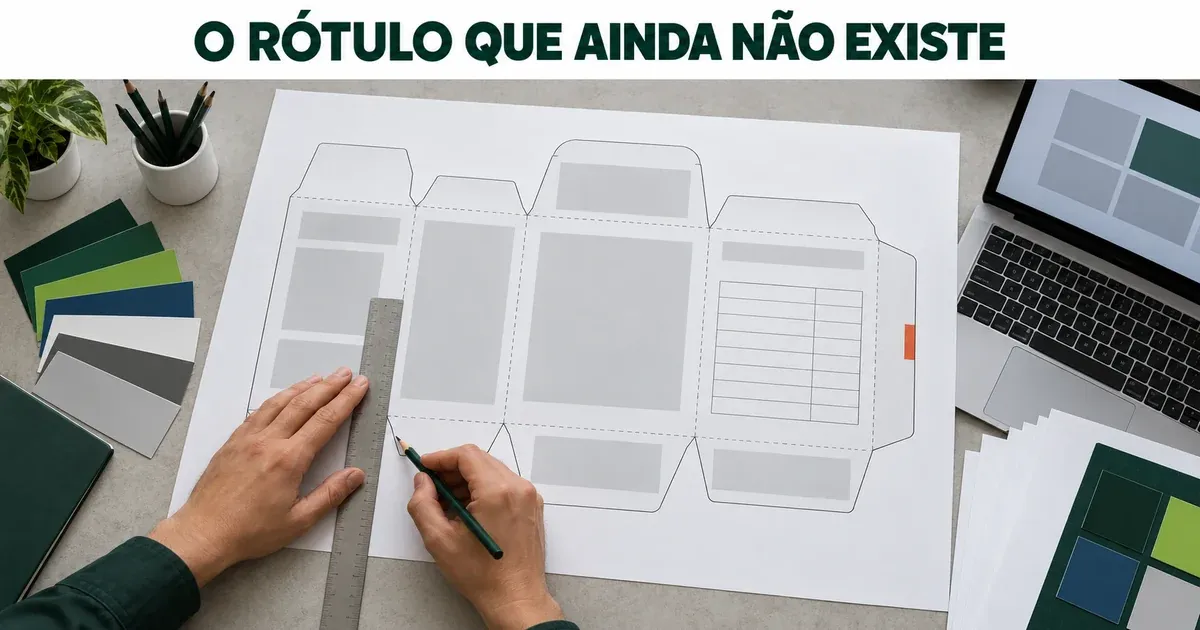 Prova impressa de uma embalagem de papelão planificada, com linhas de dobra tracejadas, blocos cinza no lugar dos textos e uma tabela em branco num dos painéis; uma mão segura uma régua e a outra marca a borda de um painel a lápis, ao lado de um notebook, de folhas em branco e de cartões de cor, sob o título "O rótulo que ainda não existe"