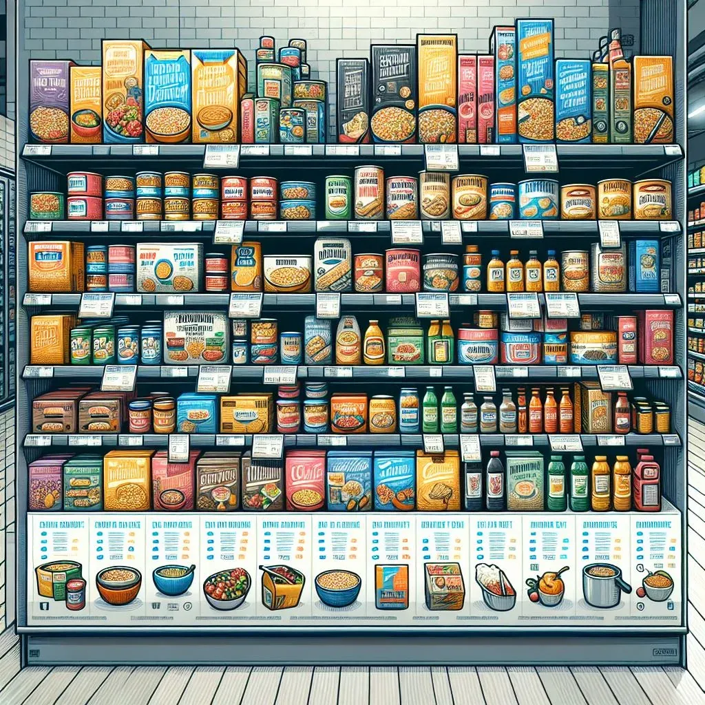 Ilustração do alto de uma gôndola de supermercado, diante de uma parede de azulejos brancos, com quatro prateleiras cheias de caixas, latas, potes e garrafas industrializados e etiquetas de prateleira; os rótulos, com tigelas de comida desenhadas, trazem só letras embaralhadas, sem texto legível