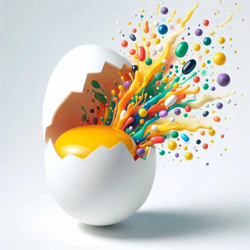 Ovo de casca branca quebrado, com a borda da casca em zigue-zague, do qual explodem respingos coloridos, como de tinta amarela, laranja, verde e creme, e pequenas esferas e cápsulas de muitas cores, sobre fundo claro