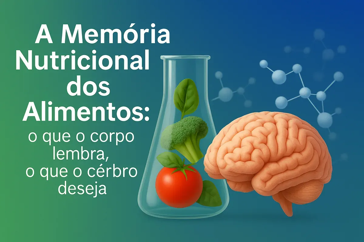 Ilustração de um cérebro ao lado de um frasco de laboratório com tomate e brócolis, com o título A memória nutricional dos alimentos: o que o corpo lembra, o que o cérbro deseja
