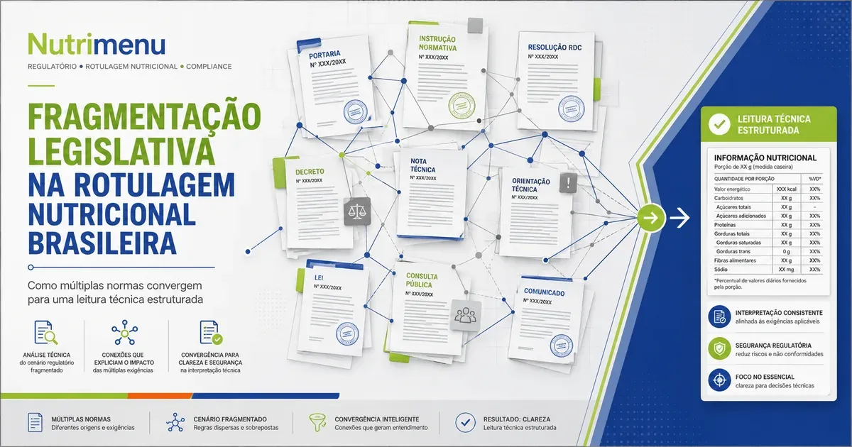 Documentos normativos ligados por linhas a uma tabela nutricional, com o título Fragmentação legislativa na rotulagem nutricional brasileira