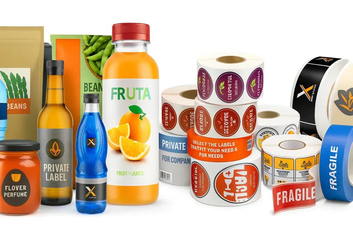 Embalagens e rolos de etiquetas sobre fundo branco, com dizeres em inglês e pseudoinglês: à esquerda, um saco kraft com folhas verdes desenhadas e BEANS, um saco verde com vagens e BEAN, uma garrafa âmbar com PRIVATE LABEL, uma garrafa azul com um X e um pote laranja de tampa preta; ao centro, uma garrafa de suco com uma laranja inteira e fatias, FRUTA e FRUIT JUICE; à direita, rolos de etiquetas redondas com folhas e letras deformadas, um rolo com PRIVATE, FOR COMPAN e um código de barras, uma faixa laranja com SELECT THE LABELS TRATFIT YOUR NEED S FOR NEEDS, um rolo preto com um X, um rolo de etiquetas amarelas com dizeres ilegíveis e uma fita azul com as letras RAGILE