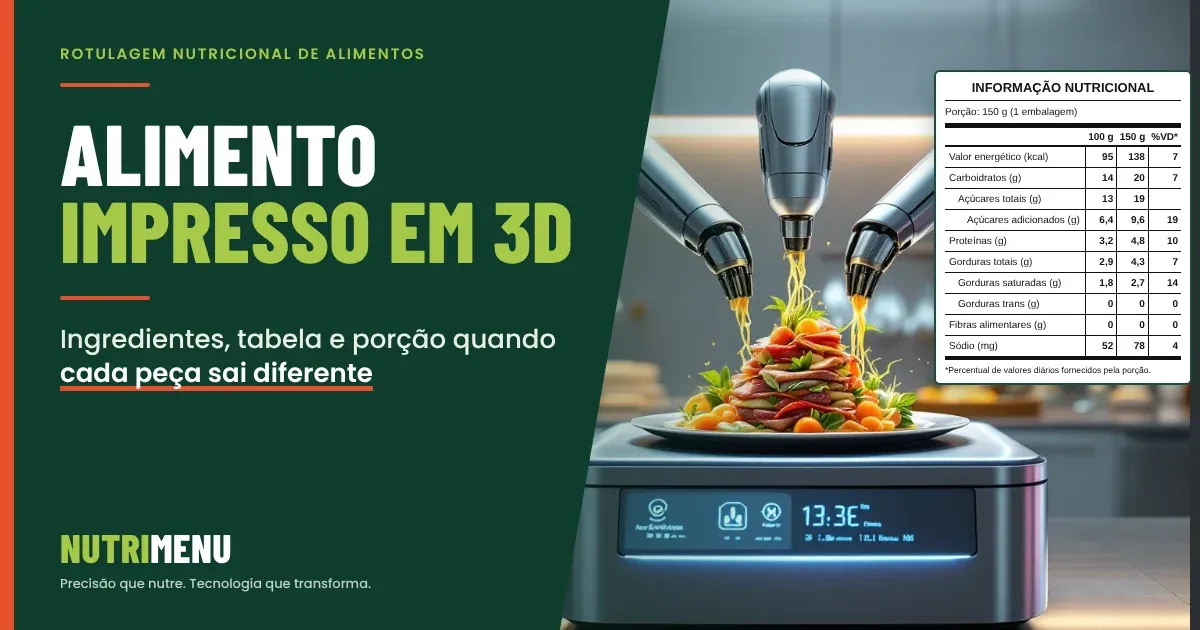 Capa em verde-escuro com a marca Nutrimenu e o título Alimento impresso em 3D: Ingredientes, tabela e porção quando cada peça sai diferente. À direita, a imagem de uma impressora de alimentos com três bicos extrusores montando, em camadas, um prato de legumes e carne, e uma tabela de informação nutricional com valores fictícios, do exemplo de iogurte em embalagem individual de 150 g