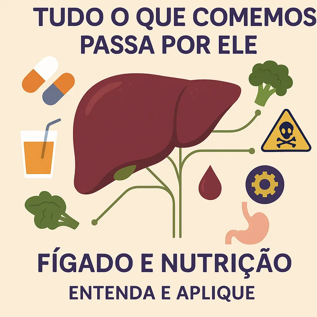 Ilustração de um fígado com a vesícula, com ramos verdes que saem de baixo dele e terminam em pontos, cercado por duas cápsulas de medicamento, um copo de suco com canudo, dois brócolis, um símbolo de perigo com caveira, uma gota de sangue, uma engrenagem e um estômago, com os textos Tudo o que comemos passa por ele, Fígado e nutrição e Entenda e aplique