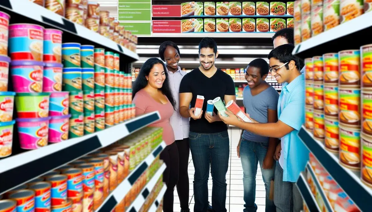 Grupo de pessoas num corredor de supermercado lendo os rótulos das embalagens