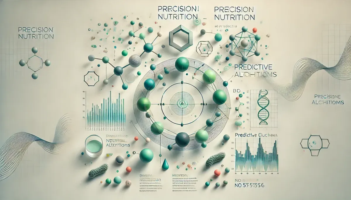 Ilustração abstrata de moléculas, gráficos e uma hélice de DNA sobre nutrição de precisão