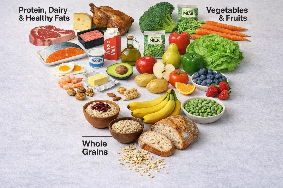 Alimentos agrupados em proteínas, laticínios e gorduras saudáveis, hortaliças e frutas e grãos integrais, com legendas em inglês