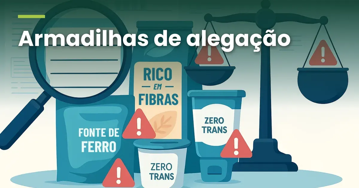 Ilustração em tons de azul com uma lupa sobre um quadro de tabela em branco, embalagens com as alegações Fonte de ferro, Rico em fibras e Zero trans marcadas por triângulos de alerta e uma balança com um triângulo de alerta em cada prato, com o título Armadilhas de alegação no alto, em letras brancas sobre um degradê verde