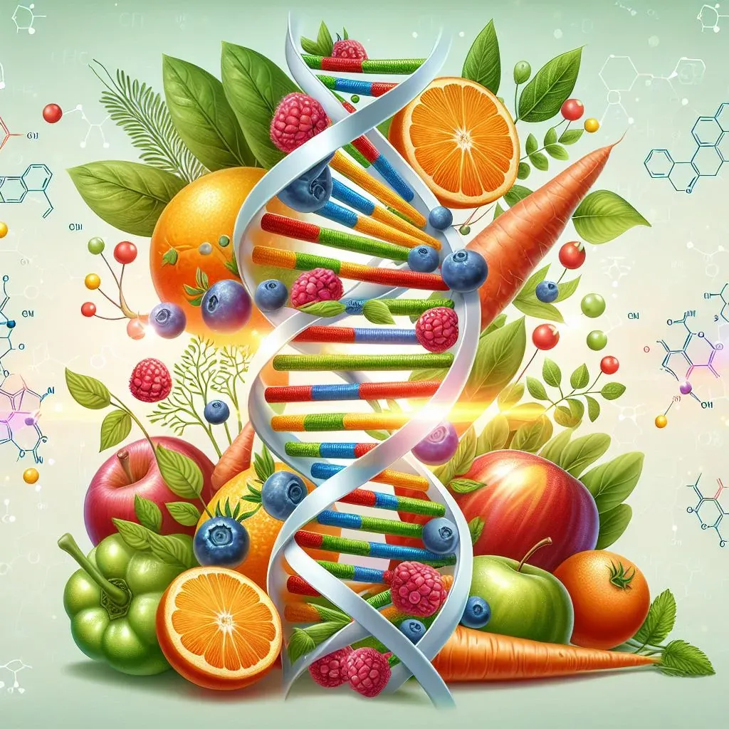 Ilustração de uma dupla hélice de DNA entre frutas e verduras frescas