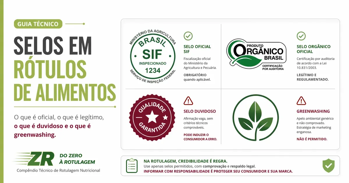 Painel com os selos SIF e Orgânico Brasil, um selo duvidoso e um de apelo ambiental, com o título Selos em rótulos de alimentos