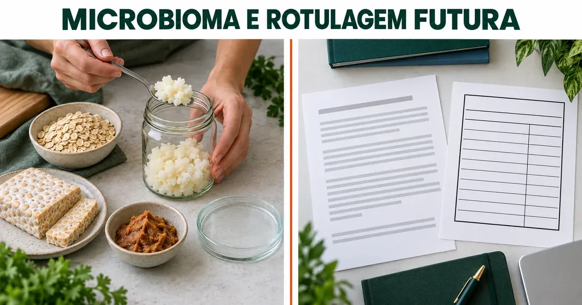 À esquerda, mãos colocando grãos de kefir num pote de vidro ao lado de aveia em flocos, tempeh, missô e uma placa de Petri vazia; à direita, um documento com linhas cinza e o contorno de uma tabela em branco, separados por uma linha laranja, sob o título "Microbioma e rotulagem futura"
