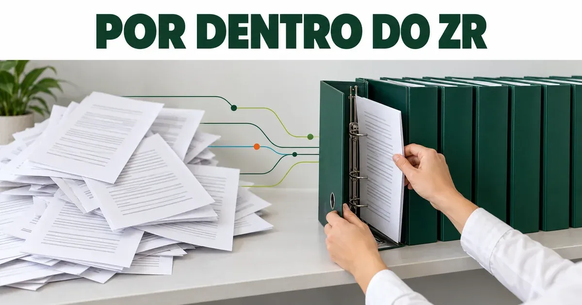 Pilha desordenada de folhas com linhas cinza, ligada por linhas finas a uma fileira de fichários verde-escuros sem rótulo, onde duas mãos colocam uma folha num fichário aberto, sob o título "Por dentro do ZR"