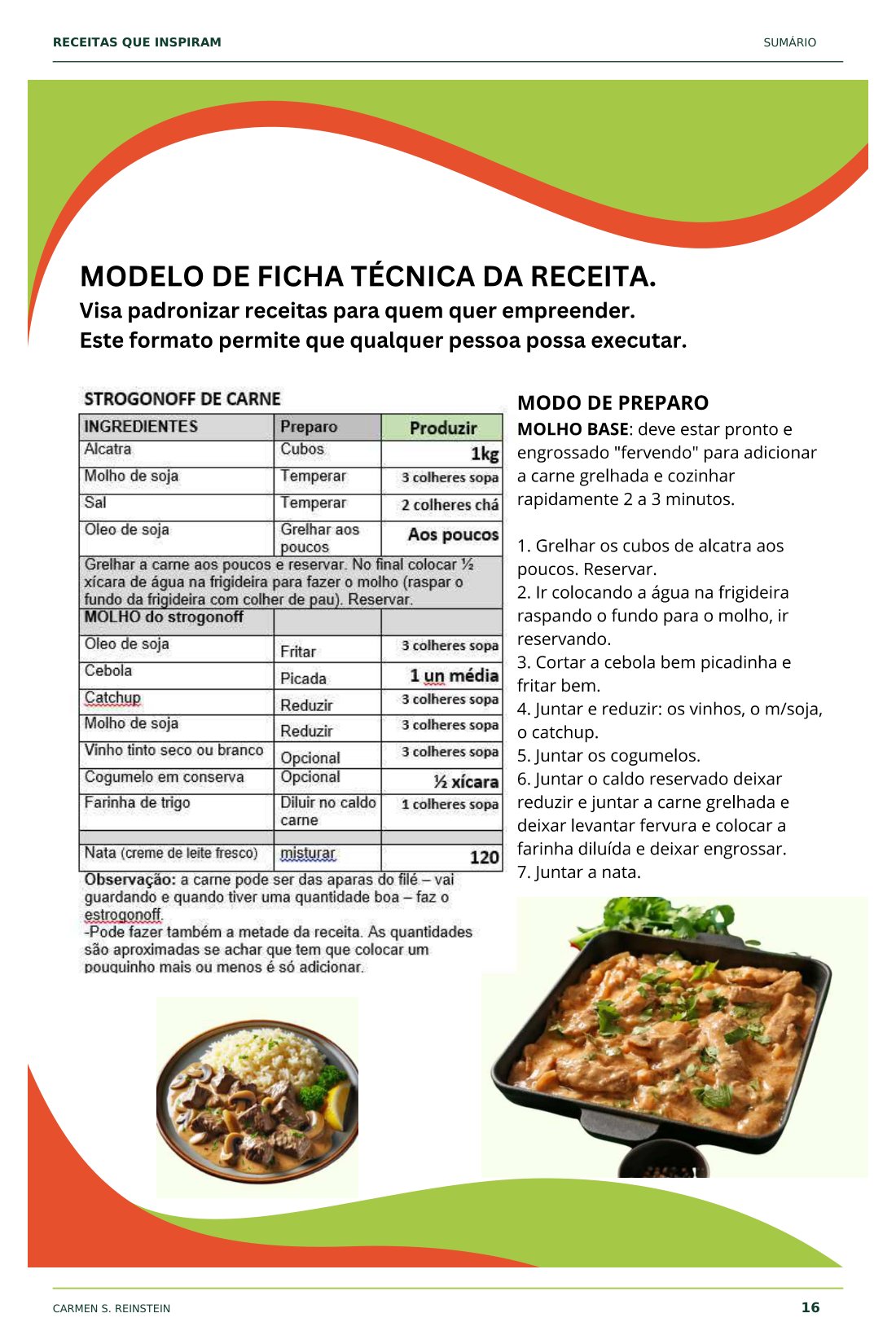 Página 8 de 10 da amostra de Receitas que Inspiram: Ficha técnica — strogonoff de carne